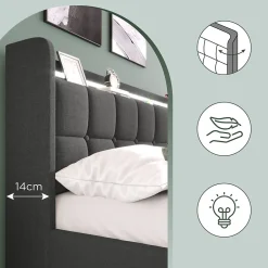 Okwish Lit avec rangement 180 x 200 cm - Lit Double avec Ports USB et LED - Lin Bois Métal - Sans Matelas - Gris Best
