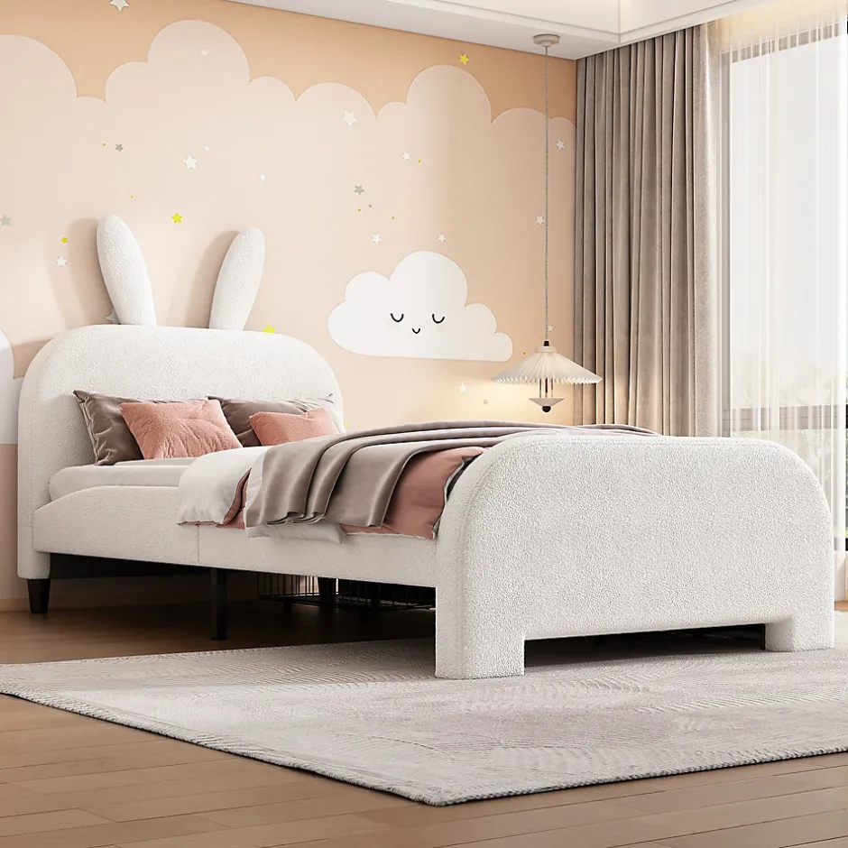 Okwish Lit avec rangement 90 x 200 cm - Lit Simple avec 2 Tiroirs - Peluche + MDF - Sans Matelas - Blanc Hot