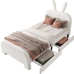 Okwish Lit avec rangement 90 x 200 cm - Lit Simple avec 2 Tiroirs - Peluche + MDF - Sans Matelas - Blanc Hot
