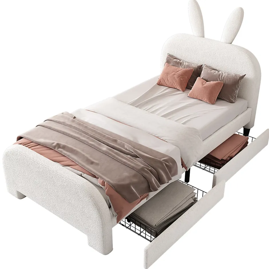 Okwish Lit avec rangement 90 x 200 cm - Lit Simple avec 2 Tiroirs - Peluche + MDF - Sans Matelas - Blanc Hot
