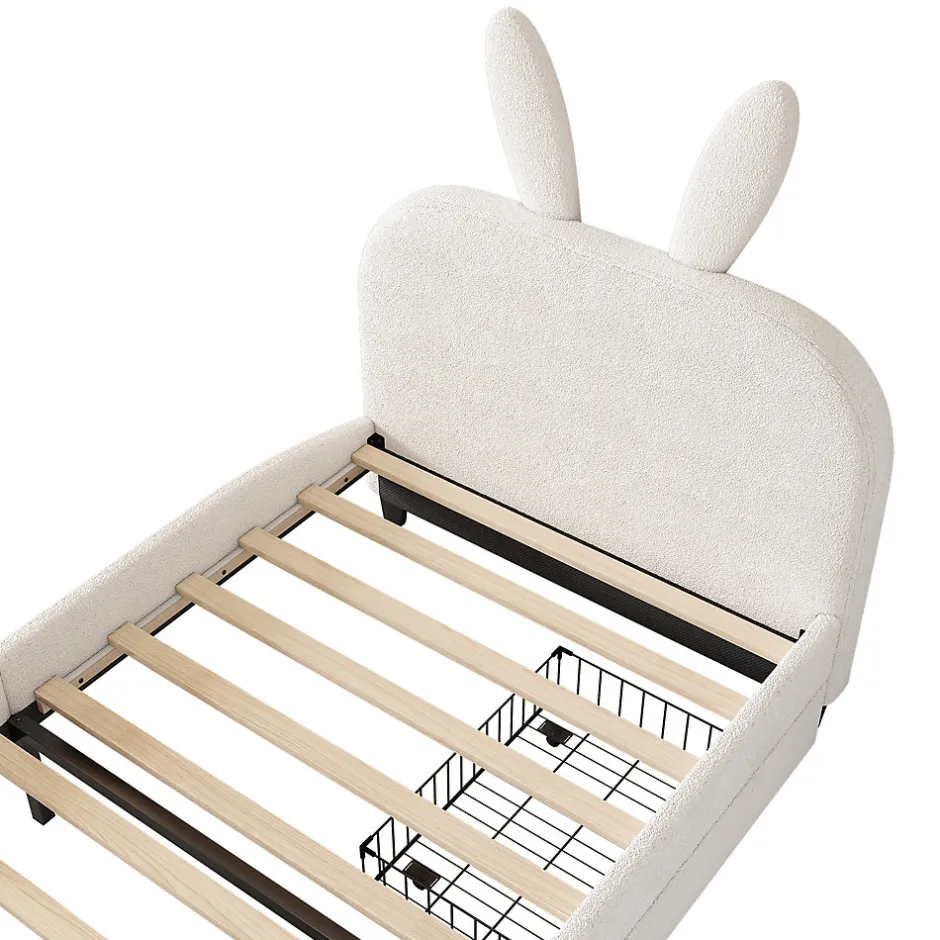 Okwish Lit avec rangement 90 x 200 cm - Lit Simple avec 2 Tiroirs - Peluche + MDF - Sans Matelas - Blanc Hot