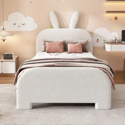 Okwish Lit avec rangement 90 x 200 cm - Lit Simple avec 2 Tiroirs - Peluche + MDF - Sans Matelas - Blanc Hot