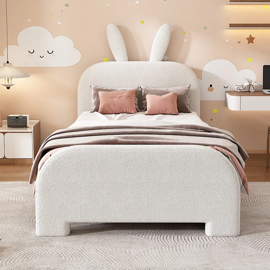 Okwish Lit avec rangement 90 x 200 cm - Lit Simple avec 2 Tiroirs - Peluche + MDF - Sans Matelas - Blanc Hot