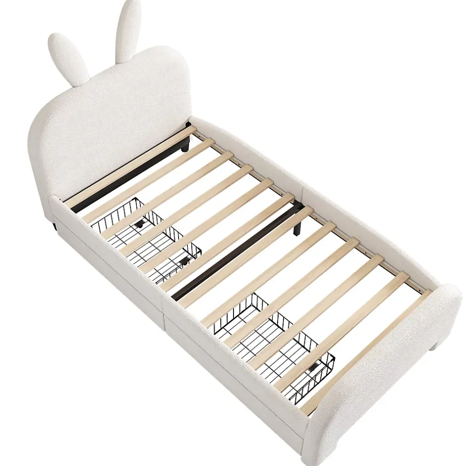 Okwish Lit avec rangement 90 x 200 cm - Lit Simple avec 2 Tiroirs - Peluche + MDF - Sans Matelas - Blanc Hot