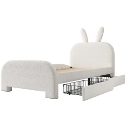 Okwish Lit avec rangement 90 x 200 cm - Lit Simple avec 2 Tiroirs - Peluche + MDF - Sans Matelas - Blanc Hot