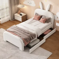 Okwish Lit avec rangement 90 x 200 cm - Lit Simple avec 2 Tiroirs - Peluche + MDF - Sans Matelas - Blanc Hot
