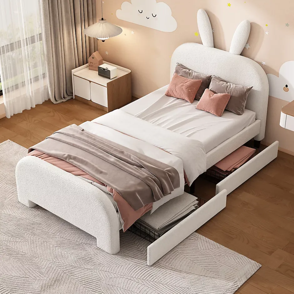 Okwish Lit avec rangement 90 x 200 cm - Lit Simple avec 2 Tiroirs - Peluche + MDF - Sans Matelas - Blanc Hot