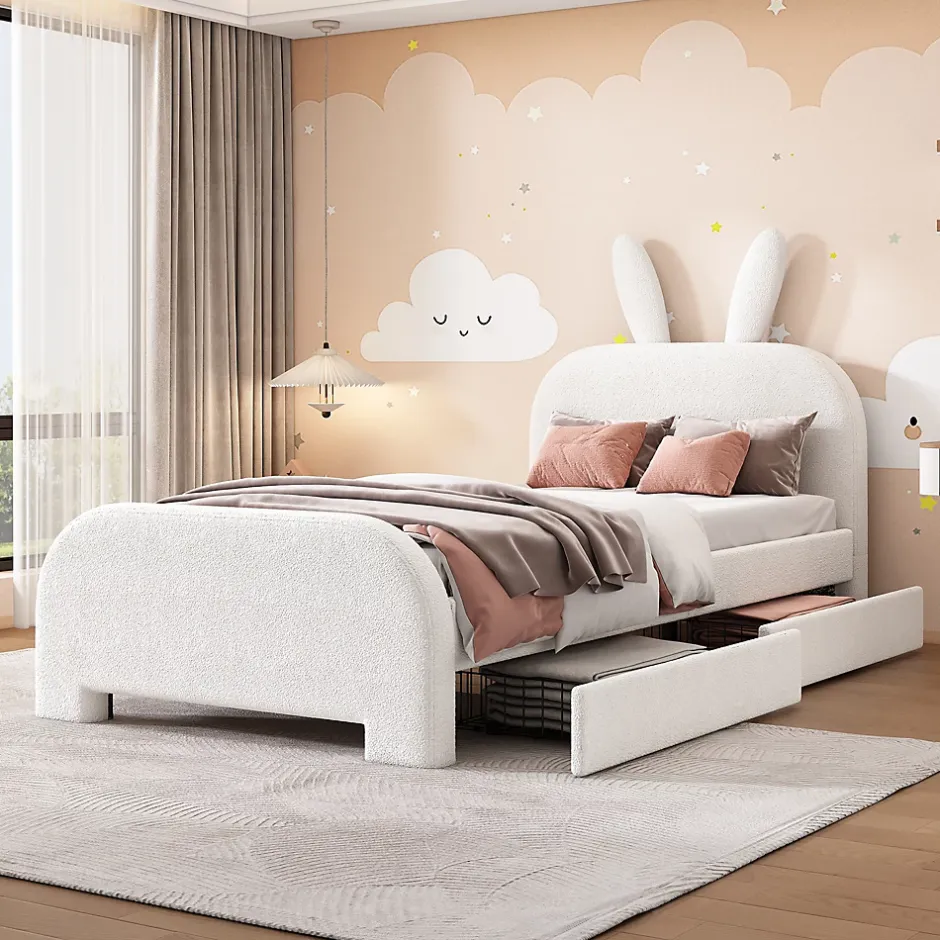 Okwish Lit avec rangement 90 x 200 cm - Lit Simple avec 2 Tiroirs - Peluche + MDF - Sans Matelas - Blanc Hot