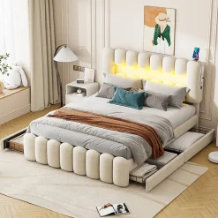 Okwish Lit avec Rangement 160 x 200 cm - Lit Capitonné avec 4 Tiroirs, LED et USB - Velours + MDF - Sans Matelas - Beige