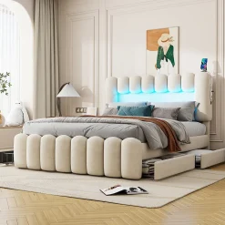 Okwish Lit avec Rangement 160 x 200 cm - Lit Capitonné avec 4 Tiroirs, LED et USB - Velours + MDF - Sans Matelas - Beige