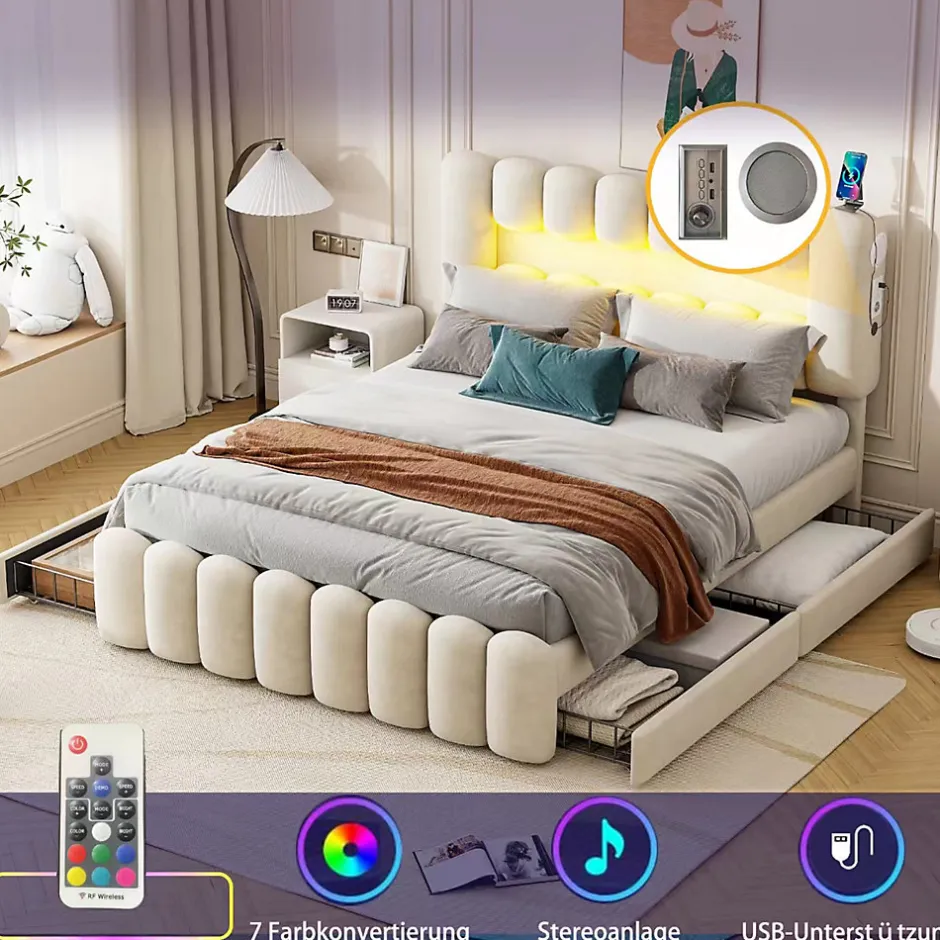 Okwish Lit avec Rangement 160 x 200 cm - Lit Capitonné avec 4 Tiroirs, LED et USB - Velours + MDF - Sans Matelas - Beige