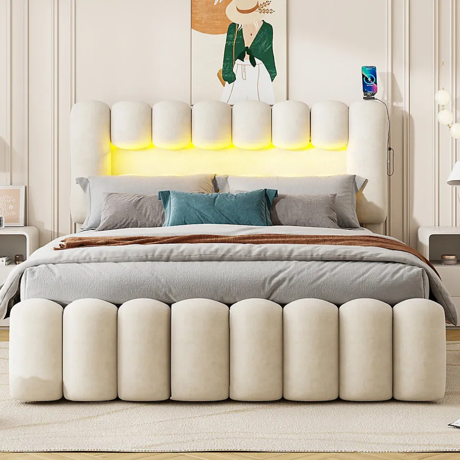 Okwish Lit avec Rangement 160 x 200 cm - Lit Capitonné avec 4 Tiroirs, LED et USB - Velours + MDF - Sans Matelas - Beige