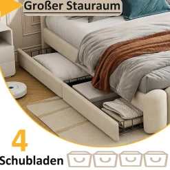 Okwish Lit avec Rangement 160 x 200 cm - Lit Capitonné avec 4 Tiroirs, LED et USB - Velours + MDF - Sans Matelas - Beige