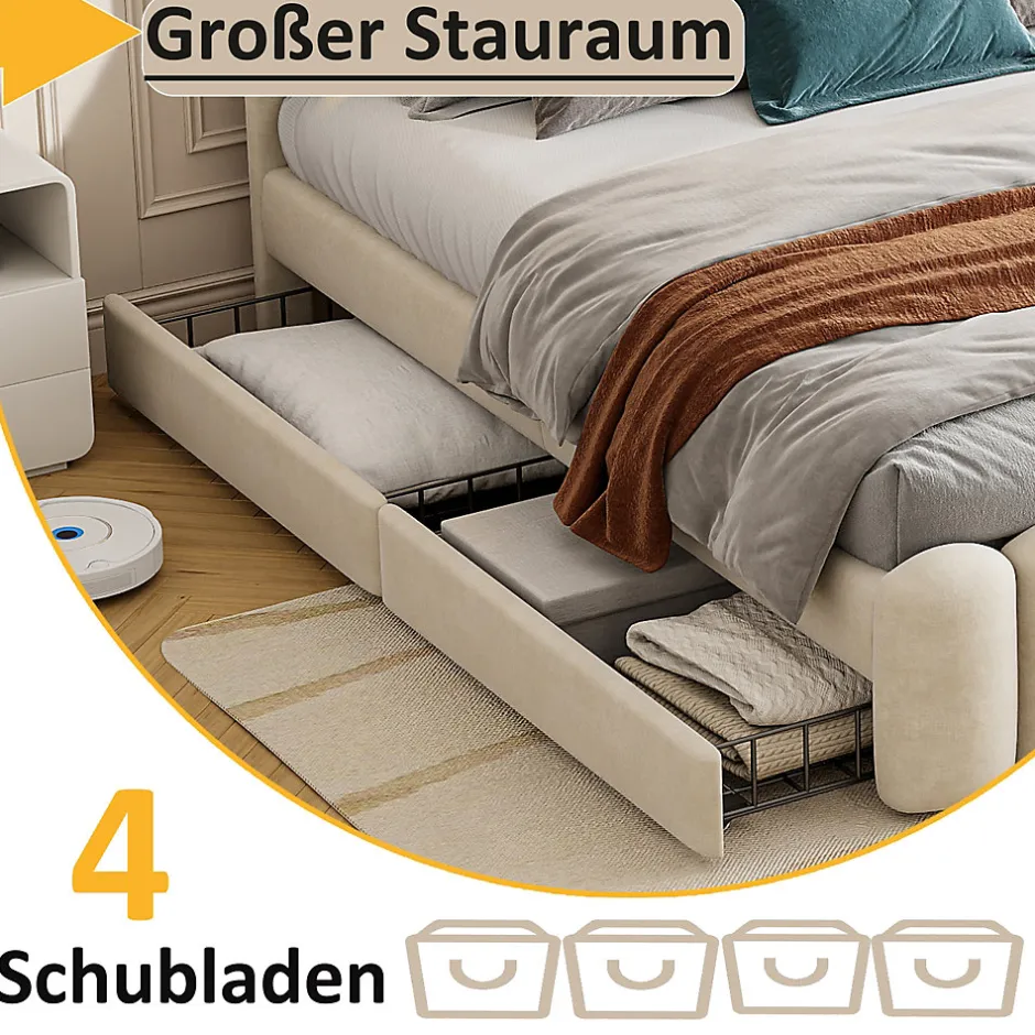 Okwish Lit avec Rangement 160 x 200 cm - Lit Capitonné avec 4 Tiroirs, LED et USB - Velours + MDF - Sans Matelas - Beige