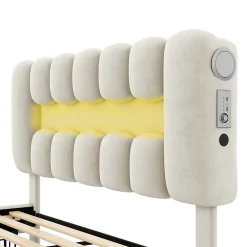 Okwish Lit avec Rangement 160 x 200 cm - Lit Capitonné avec 4 Tiroirs, LED et USB - Velours + MDF - Sans Matelas - Beige