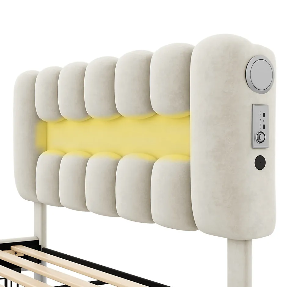 Okwish Lit avec Rangement 160 x 200 cm - Lit Capitonné avec 4 Tiroirs, LED et USB - Velours + MDF - Sans Matelas - Beige