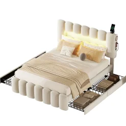 Okwish Lit avec Rangement 160 x 200 cm - Lit Capitonné avec 4 Tiroirs, LED et USB - Velours + MDF - Sans Matelas - Beige