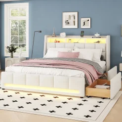 Okwish Lit avec rangement 160 x 200 cm - Lit Double avec 2 Tiroirs et Prise USB - Lin - Sans Matelas - Beige