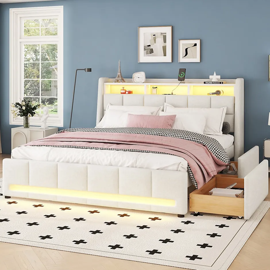 Okwish Lit avec rangement 160 x 200 cm - Lit Double avec 2 Tiroirs et Prise USB - Lin - Sans Matelas - Beige