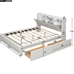 Okwish Lit avec rangement 160 x 200 cm - Lit Double avec 2 Tiroirs et Prise USB - Lin - Sans Matelas - Beige