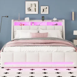 Okwish Lit avec rangement 160 x 200 cm - Lit Double avec 2 Tiroirs et Prise USB - Lin - Sans Matelas - Beige
