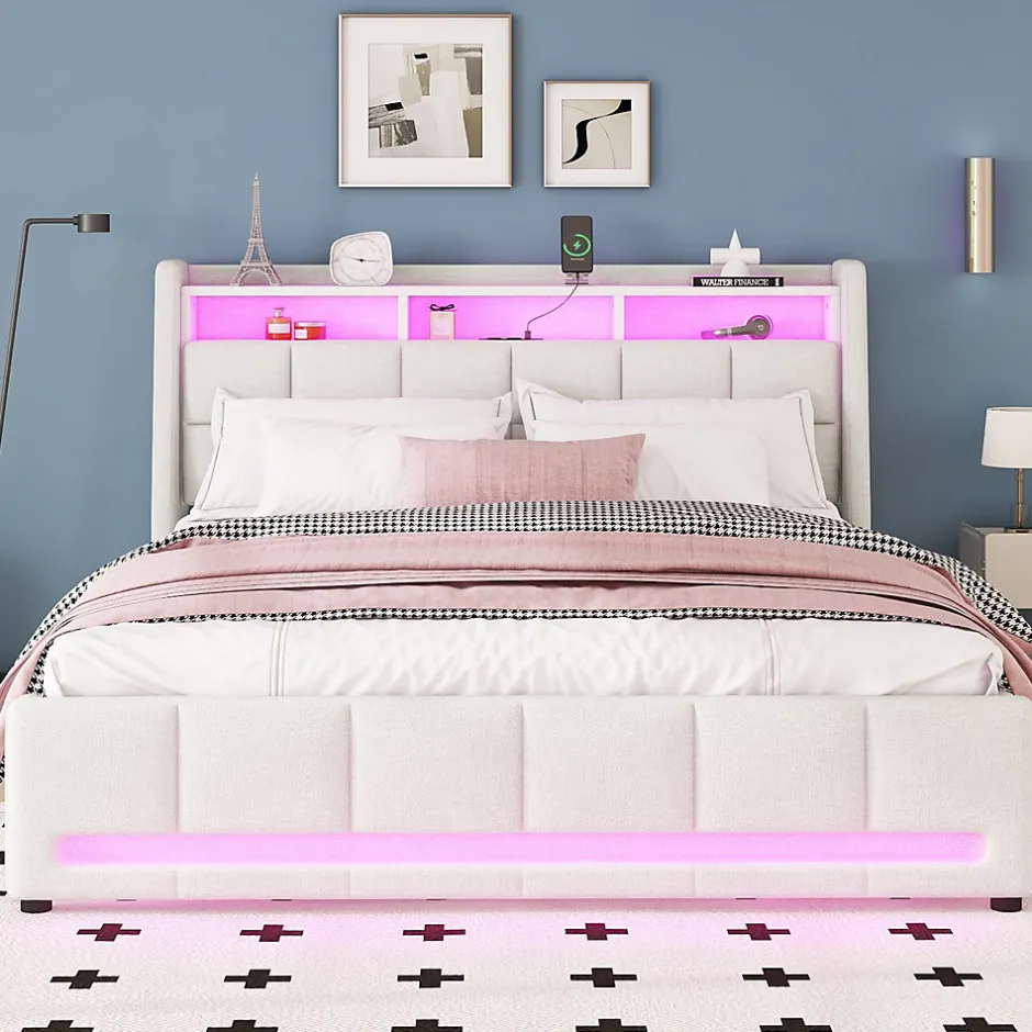 Okwish Lit avec rangement 160 x 200 cm - Lit Double avec 2 Tiroirs et Prise USB - Lin - Sans Matelas - Beige