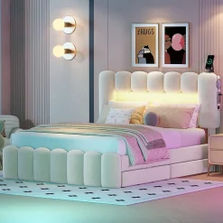 Okwish Lit avec Rangement 140 x 200 cm - Lit Capitonné Beige avec 4 Tiroirs et LED - Velours + MDF - Sans Matelas