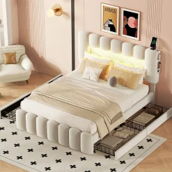 Okwish Lit avec Rangement 140 x 200 cm - Lit Capitonné Beige avec 4 Tiroirs et LED - Velours + MDF - Sans Matelas