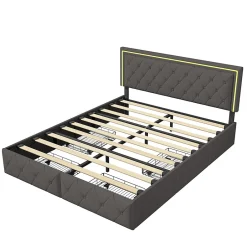 Fortuna lai Lit avec Rangement avec éclairage LED, PU Cuir 4 Tiroirs Lit Capitonné avec sommier Gris, 140X200CM