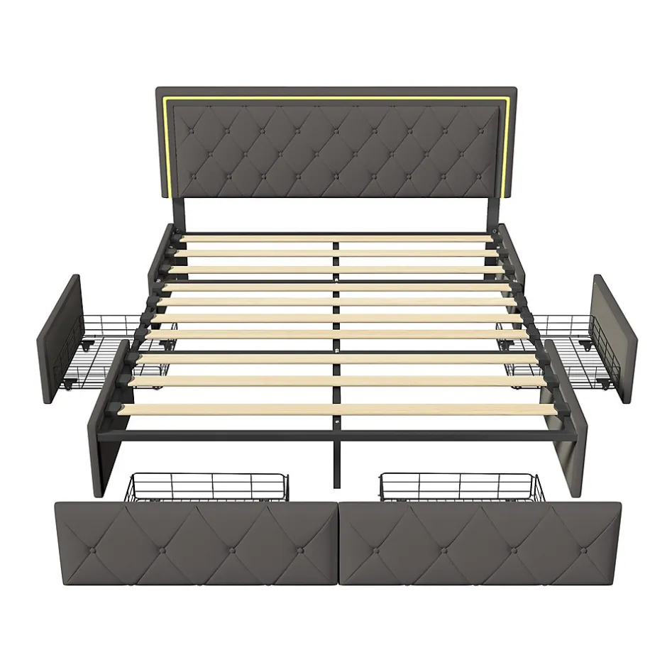 Fortuna lai Lit avec Rangement avec éclairage LED, PU Cuir 4 Tiroirs Lit Capitonné avec sommier Gris, 140X200CM