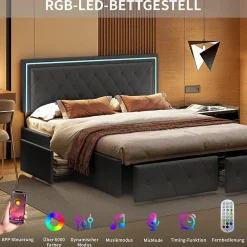 Fortuna lai Lit avec Rangement avec éclairage LED, PU Cuir 4 Tiroirs Lit Capitonné avec sommier Gris, 140X200CM