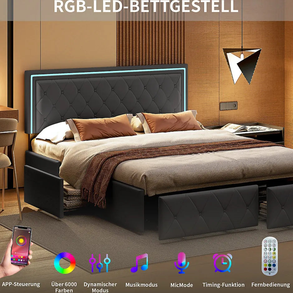 Fortuna lai Lit avec Rangement avec éclairage LED, PU Cuir 4 Tiroirs Lit Capitonné avec sommier Gris, 140X200CM