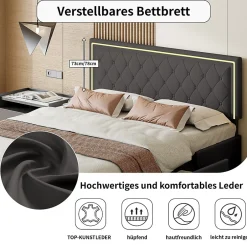Fortuna lai Lit avec Rangement avec éclairage LED, PU Cuir 4 Tiroirs Lit Capitonné avec sommier Gris, 140X200CM