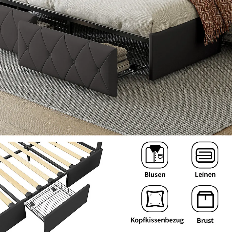 Fortuna lai Lit avec Rangement avec éclairage LED, PU Cuir 4 Tiroirs Lit Capitonné avec sommier Gris, 140X200CM