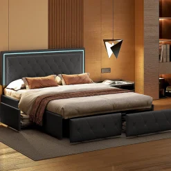 Fortuna lai Lit avec Rangement avec éclairage LED, PU Cuir 4 Tiroirs Lit Capitonné avec sommier Gris, 140X200CM