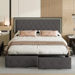 Fortuna lai Lit avec Rangement avec éclairage LED, PU Cuir 4 Tiroirs Lit Capitonné avec sommier Gris, 140X200CM