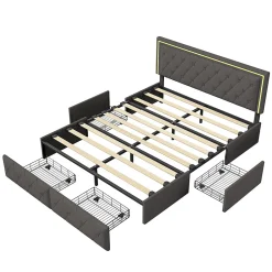 Fortuna lai Lit avec Rangement avec éclairage LED, PU Cuir 4 Tiroirs Lit Capitonné avec sommier Gris, 140X200CM
