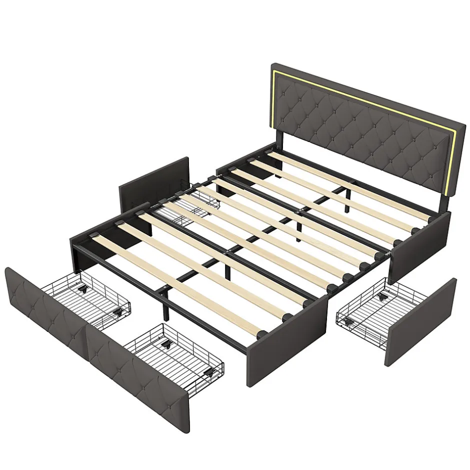 Fortuna lai Lit avec Rangement avec éclairage LED, PU Cuir 4 Tiroirs Lit Capitonné avec sommier Gris, 140X200CM