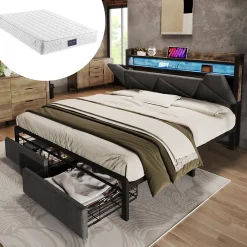 Okwish Lit avec rangement 140x200 - Lit double avec fonction USB Type C et tiroirs - Lin - Matelas Inclus - Gris Sale