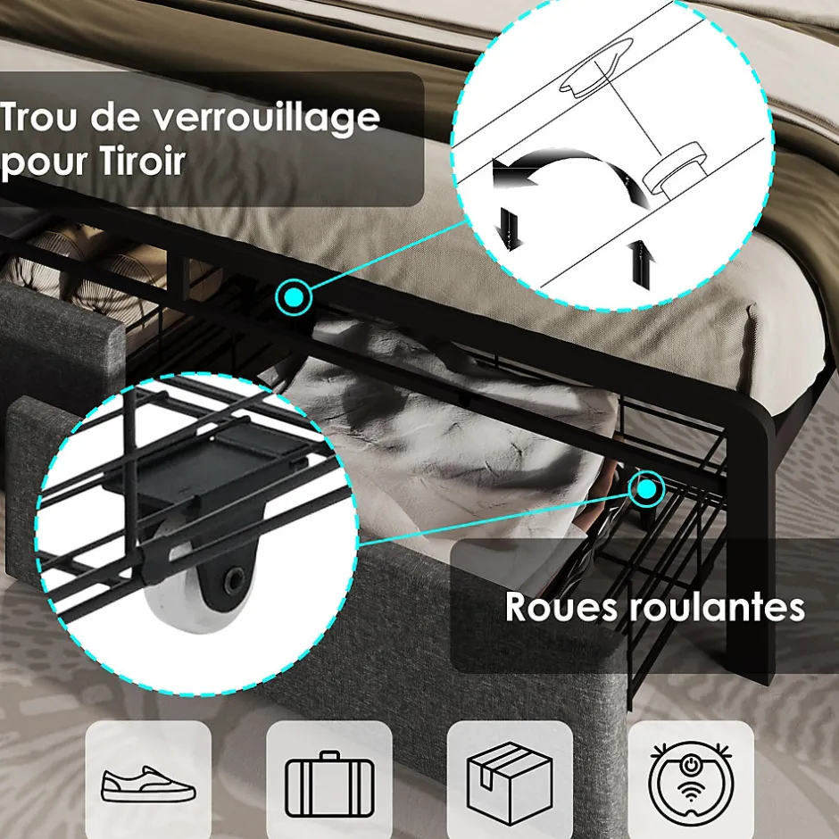 Okwish Lit avec rangement 140x200 - Lit double avec fonction USB Type C et tiroirs - Lin - Matelas Inclus - Gris Sale