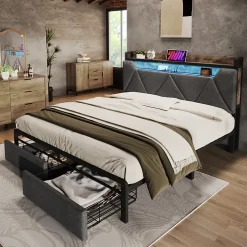 Okwish Lit avec rangement 140x200 - Lit double avec fonction USB Type C et tiroirs - Lin - Matelas Inclus - Gris Sale