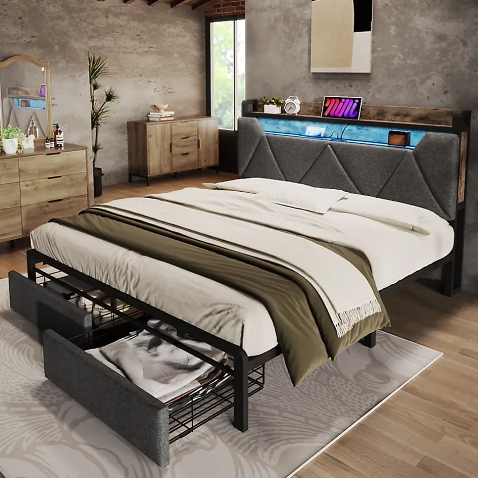 Okwish Lit avec rangement 140x200 - Lit double avec fonction USB Type C et tiroirs - Lin - Matelas Inclus - Gris Sale