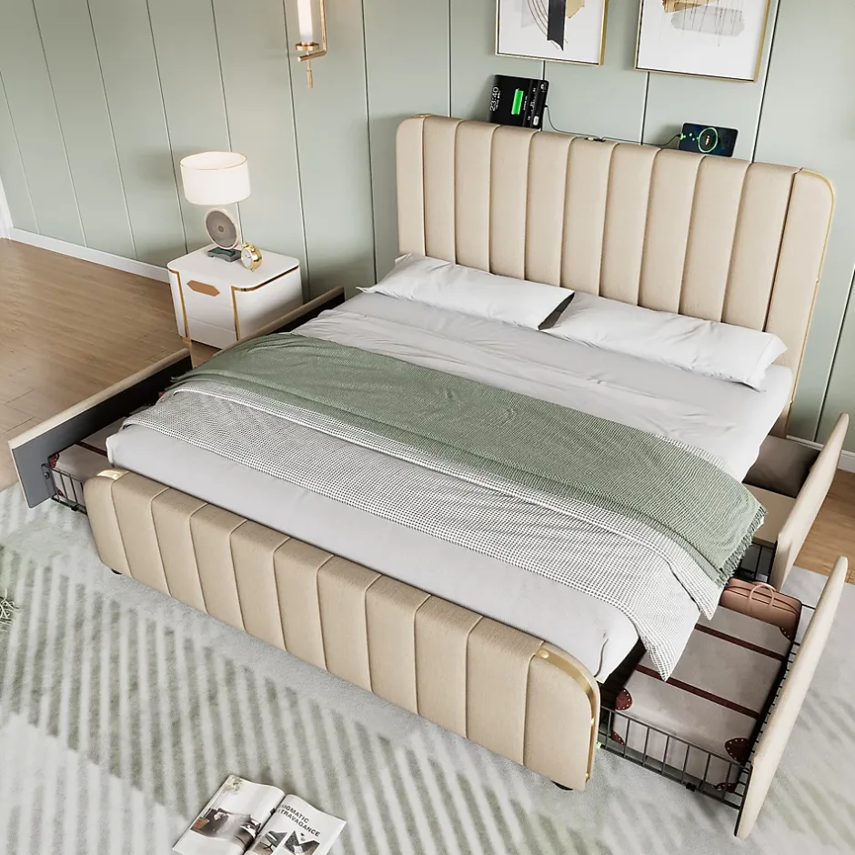 Okwish Lit avec rangement 140x200 - Lit double rembourré avec fonction USB Type-C et 4 tiroirs - Lin - Sans Matelas - Beige