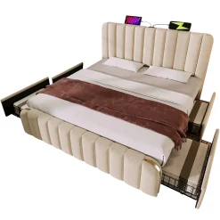 Okwish Lit avec rangement 140x200 - Lit double rembourré avec fonction USB Type-C et 4 tiroirs - Lin - Sans Matelas - Beige