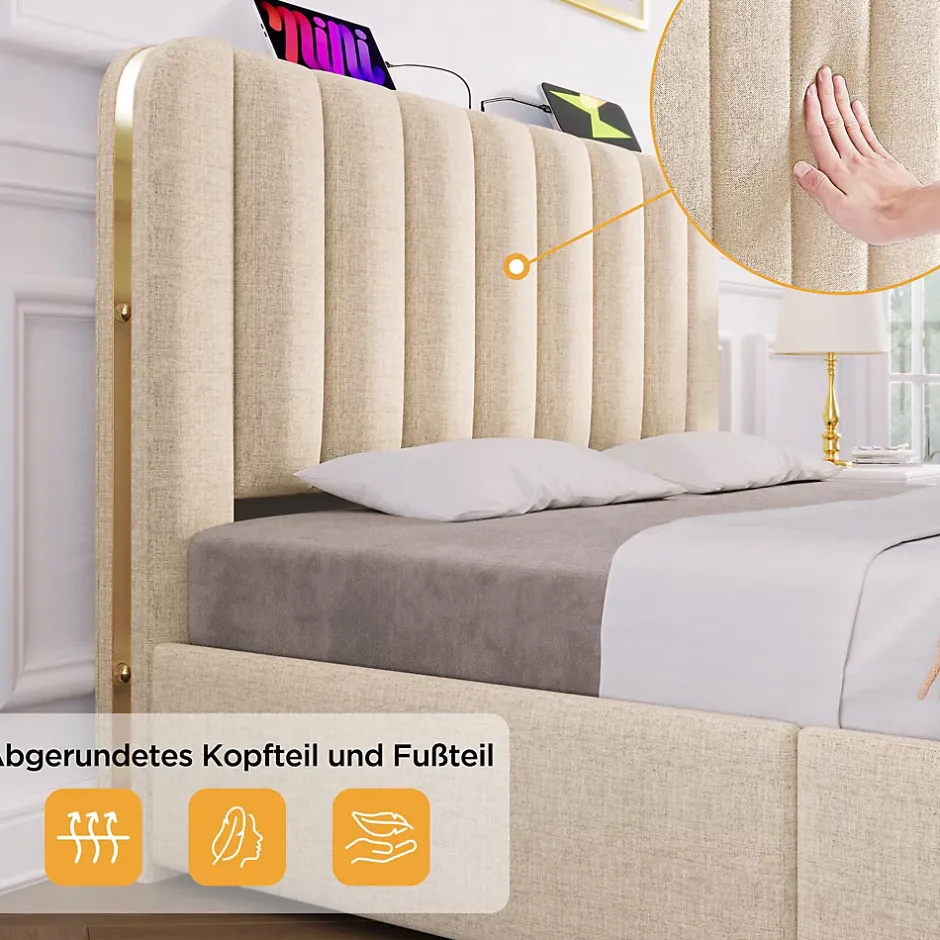 Okwish Lit avec rangement 140x200 - Lit double rembourré avec fonction USB Type-C et 4 tiroirs - Lin - Sans Matelas - Beige