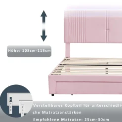 Okwish Lit avec Rangement 160x200 cm - Lit Capitonné Double Adulte avec Bande Lumineuse, Port USB et Tiroir - Rose Discount