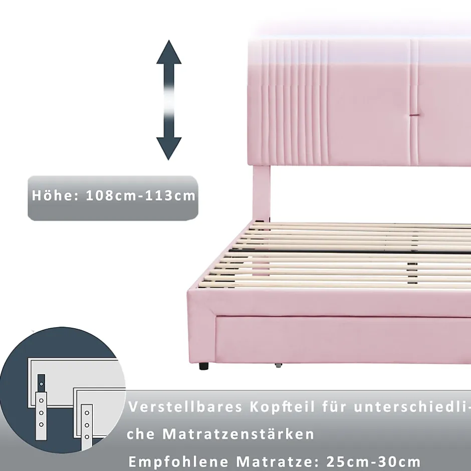 Okwish Lit avec Rangement 160x200 cm - Lit Capitonné Double Adulte avec Bande Lumineuse, Port USB et Tiroir - Rose Discount