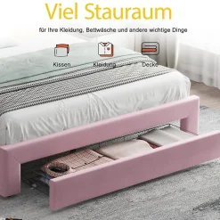 Okwish Lit avec Rangement 160x200 cm - Lit Capitonné Double Adulte avec Bande Lumineuse, Port USB et Tiroir - Rose Discount