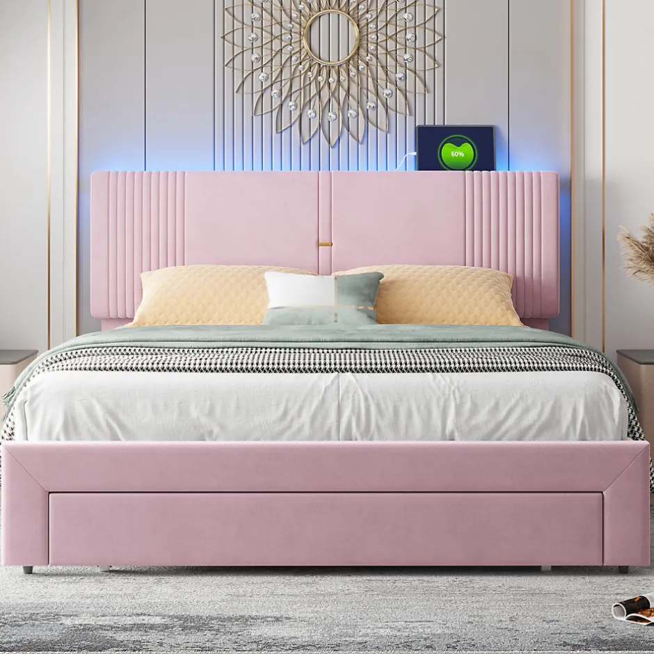 Okwish Lit avec Rangement 160x200 cm - Lit Capitonné Double Adulte avec Bande Lumineuse, Port USB et Tiroir - Rose Discount
