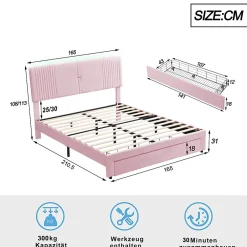 Okwish Lit avec Rangement 160x200 cm - Lit Capitonné Double Adulte avec Bande Lumineuse, Port USB et Tiroir - Rose Discount